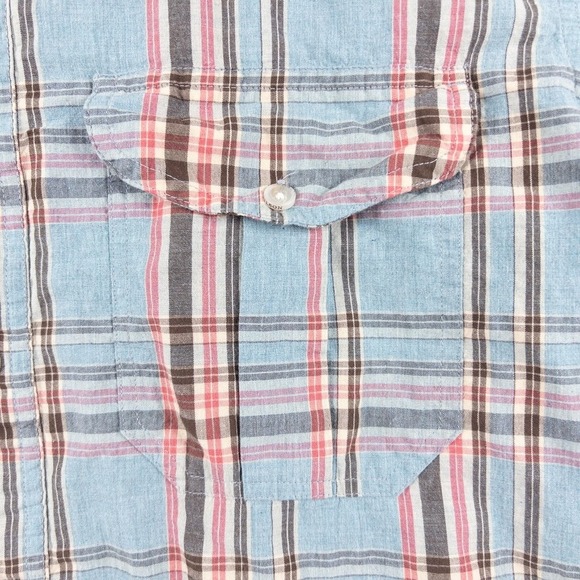 Filson Madras Plaid Button Down Mens Medium Blue Red Excellent Lightweight Shirt - Picture 2 of 7